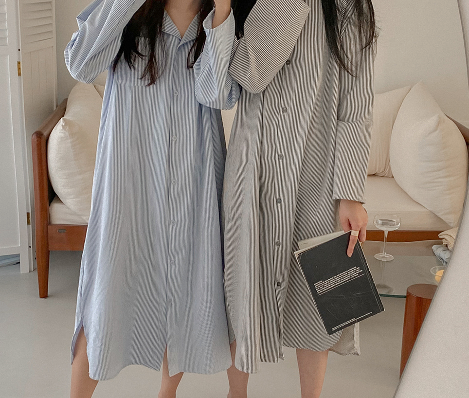 Everyday Striped Lounge Dress  - Grey