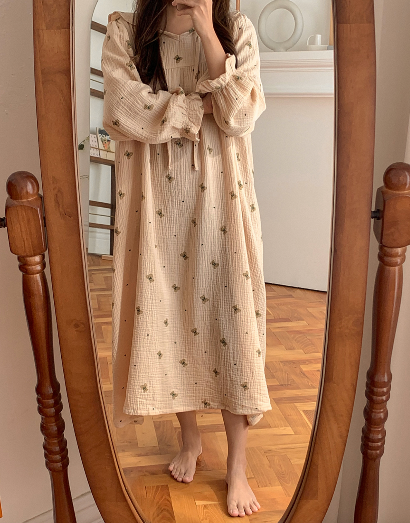 Vintage Bear Crinkled Cotton Long Sleeve PJ Dress