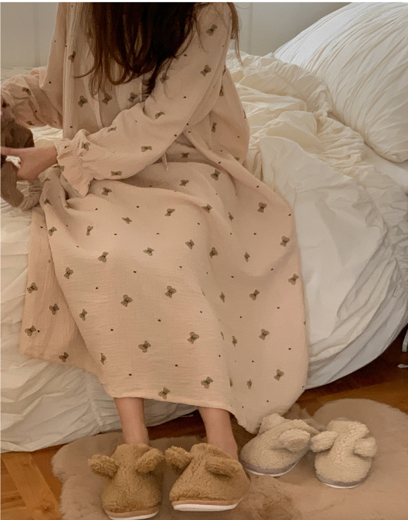 Vintage Bear Crinkled Cotton Long Sleeve PJ Dress