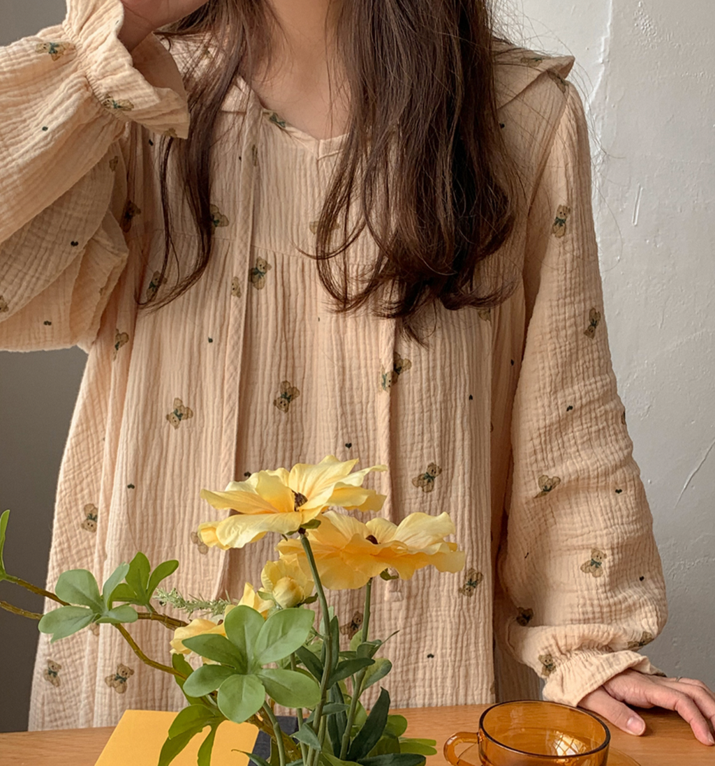 Vintage Bear Crinkled Cotton Long Sleeve PJ Dress