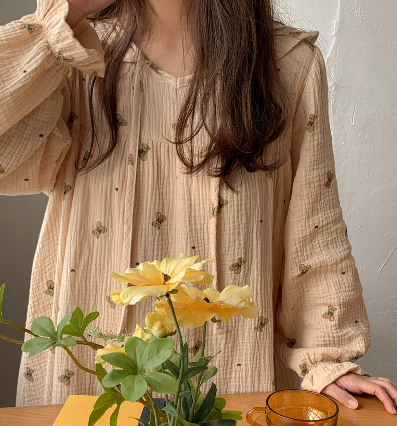 Vintage Bear Crinkled Cotton Long Sleeve PJ Dress