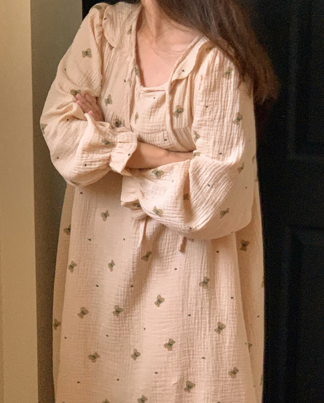 Vintage Bear Crinkled Cotton Long Sleeve PJ Dress