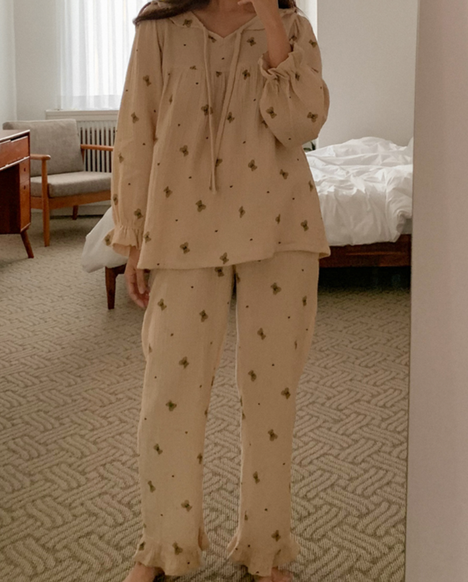 Vintage Bear Crinkled Cotton Long Sleeve PJ Set