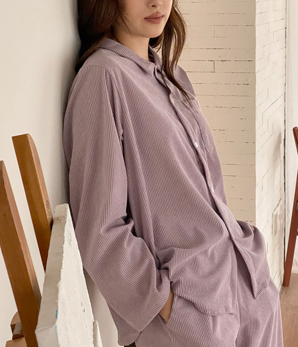 Casual Pastel Ribbed PJ Set - Purple
