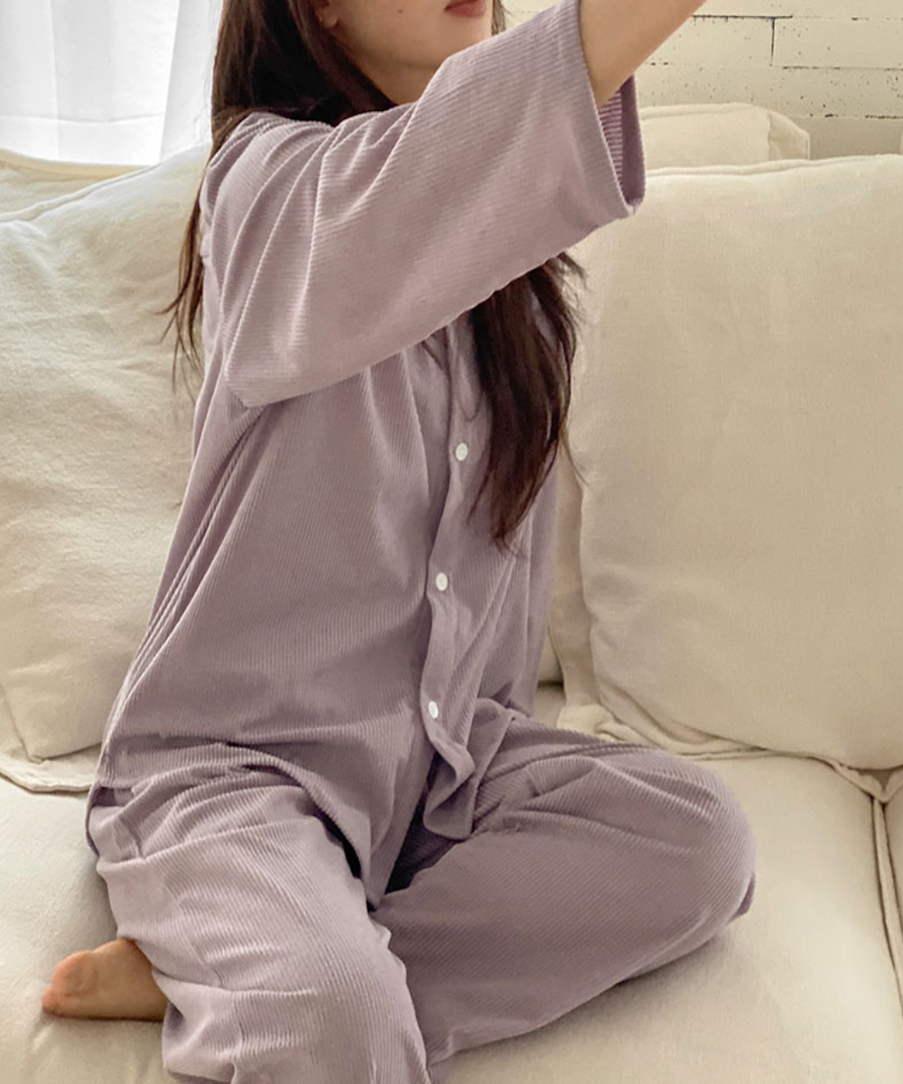 Casual Pastel Ribbed PJ Set - Purple