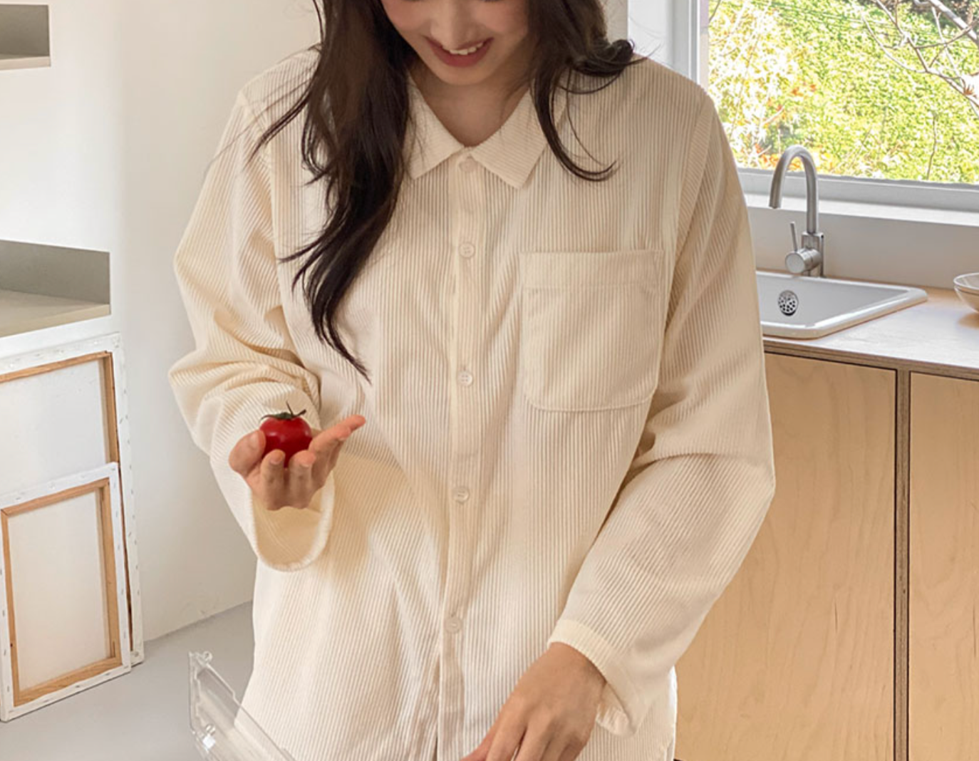 Casual Pastel Ribbed PJ Set - Ivory