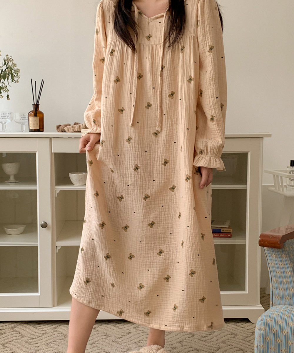 Vintage Bear Crinkled Cotton Long Sleeve PJ Dress