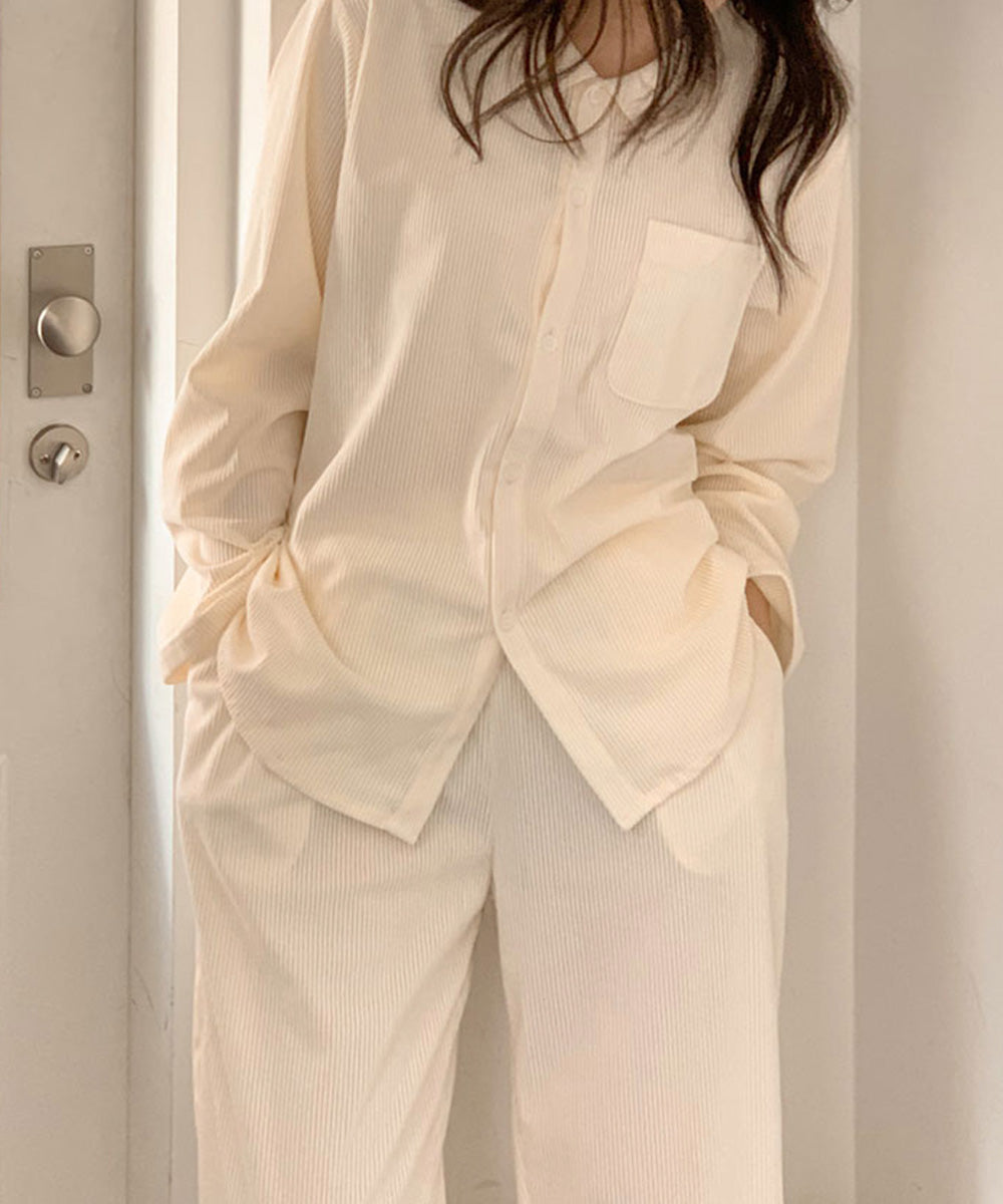 Casual Pastel Ribbed PJ Set - Ivory